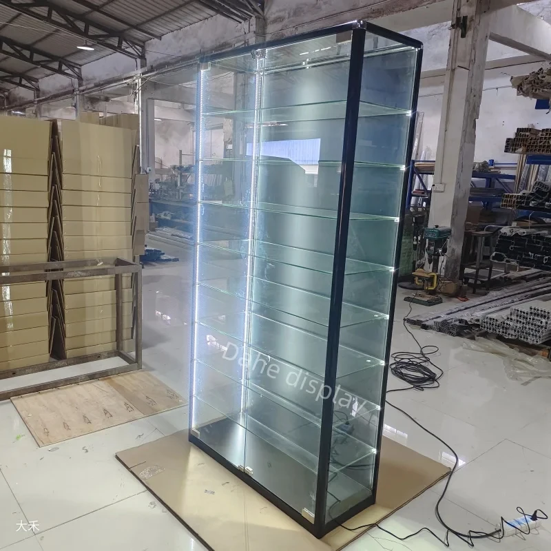 custom.Hot Sale Tall Aluminum Showcase Display Full Glass Cabinet with Led Lights Retail Shop Display Showcase