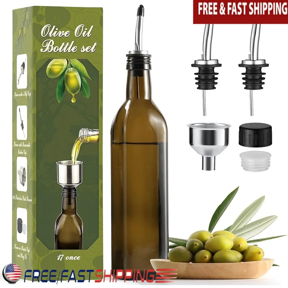 

17oz Glass Olive Oil Dispenser with Stainless Steel Pourers Funnel Set Food Grade Leak Proof Cruet Bottle Cooking and Serving