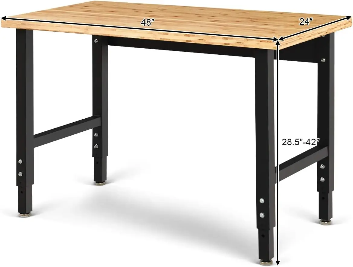 48” Adjustable Work Bench, Heavy Duty Workbench for Garage, Bamboo Top Work Table, 1500 LBS Load Capacity & 15 Height Settings