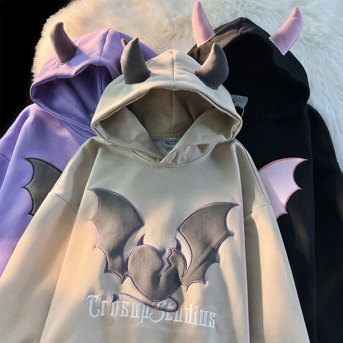 Harajuku Cute Embroidery Bat Wings Cartoon Anime Hoodie Sweatshirt Teenage Students Kawaii Clohtes Long Sleeve Loose Winter Tops