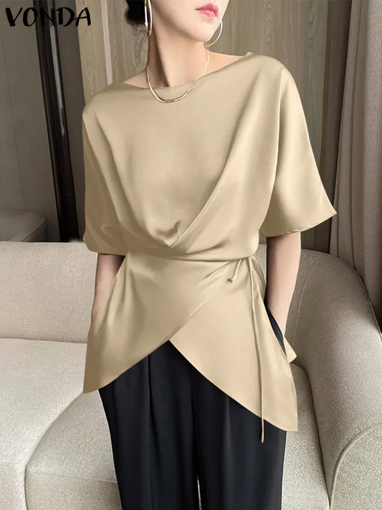 VONDA Summer Blouses 2024 Women Asymmetrical Elegant Shirts Short Sleeve Bandage Satin Tops Fashion Solid Color Blusas Femininas