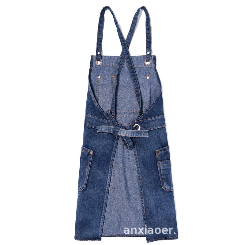 Casual Retro Denim Slanted Pocket Apron Men Women Barber Multi-Functional Work Clothes CoffeeShop Kitchen Stain Resistant Apron