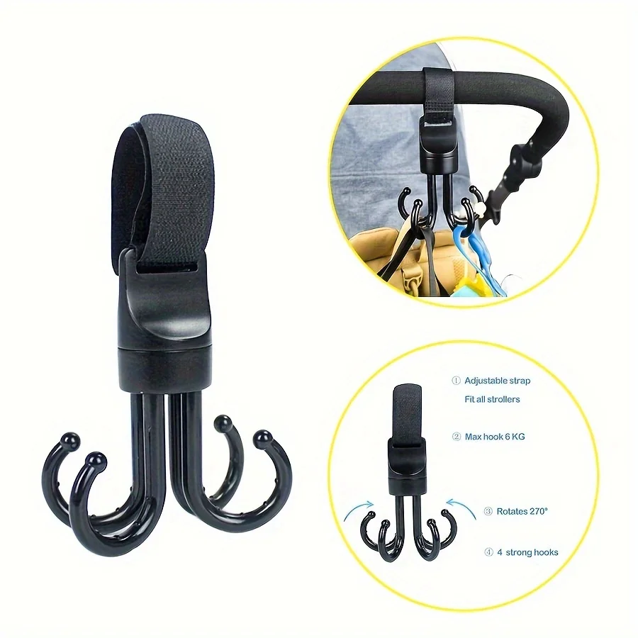 270° Rotatable Stroller Hooks 4 Strong Hooks 15KG Max Adjustable Strap Universal for Baby Pram Car Organizer Bag Hanger