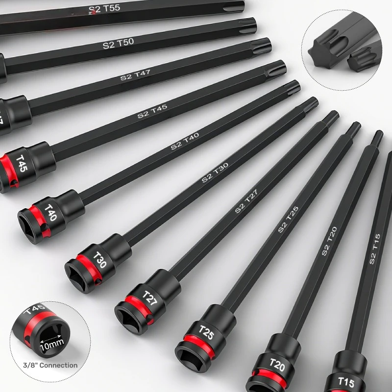 24 Pz 3/8 "Set di bussole a impatto T10-T60 Set di bussole Torx Set CR-V Chiave a bussola 150mm Presa estesa Strumento manuale Anello colorato