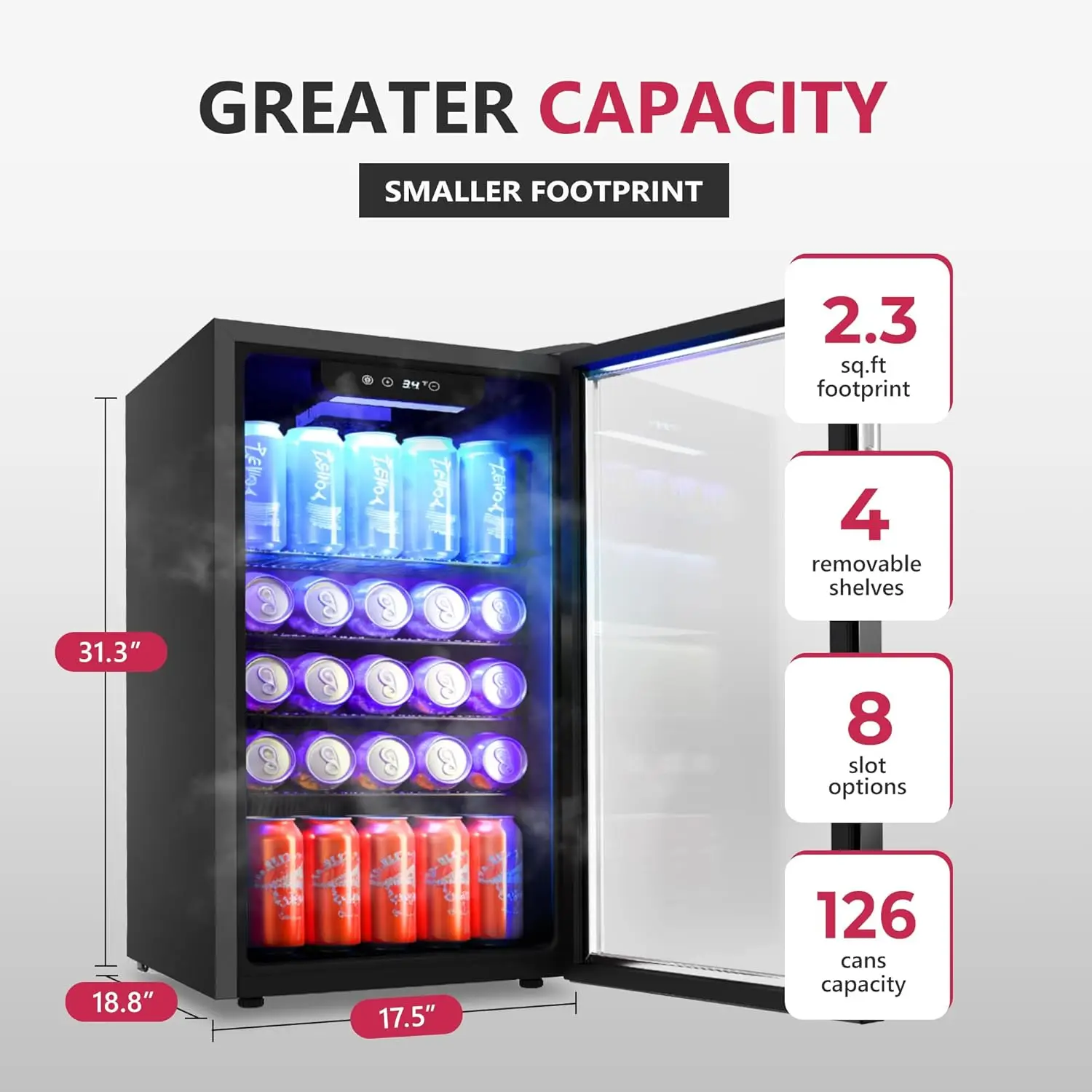 Refrigerator and Cooler, 126 Can Mini fridge with Plastic Door, Beverage Cooler with Digital Temperature Display & Adjustable