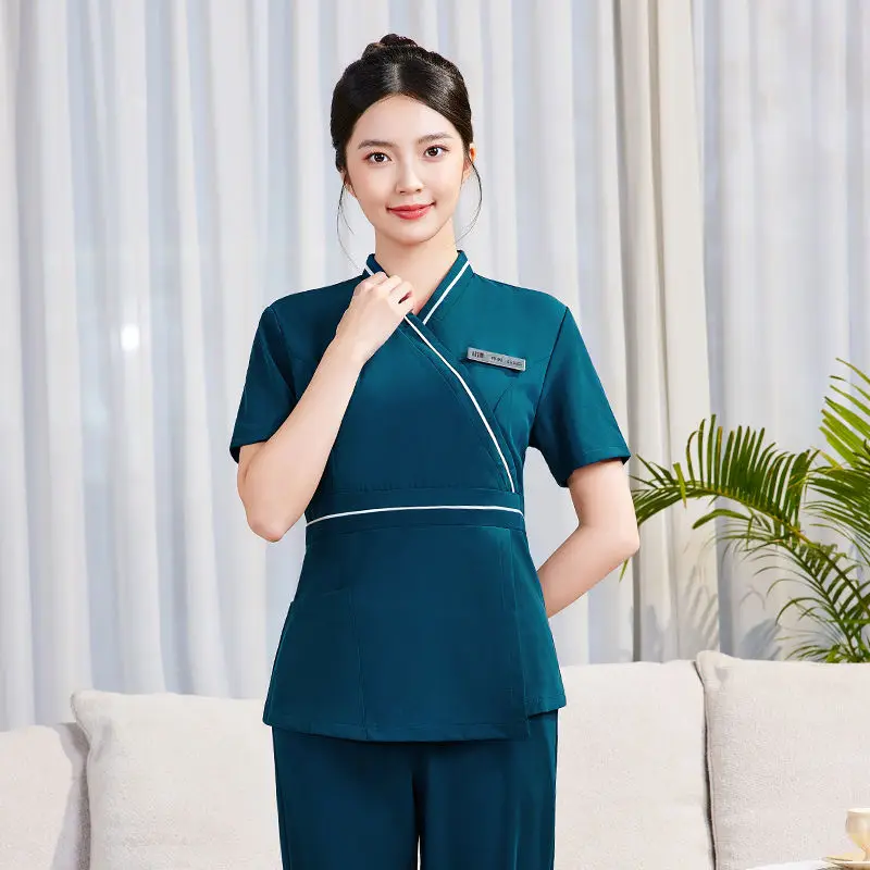 Y-shaped Collar Minimalist Beautician Workwear Long Pants Set Beauty Hairdressing Massage Spa Waiter Technician Uniform