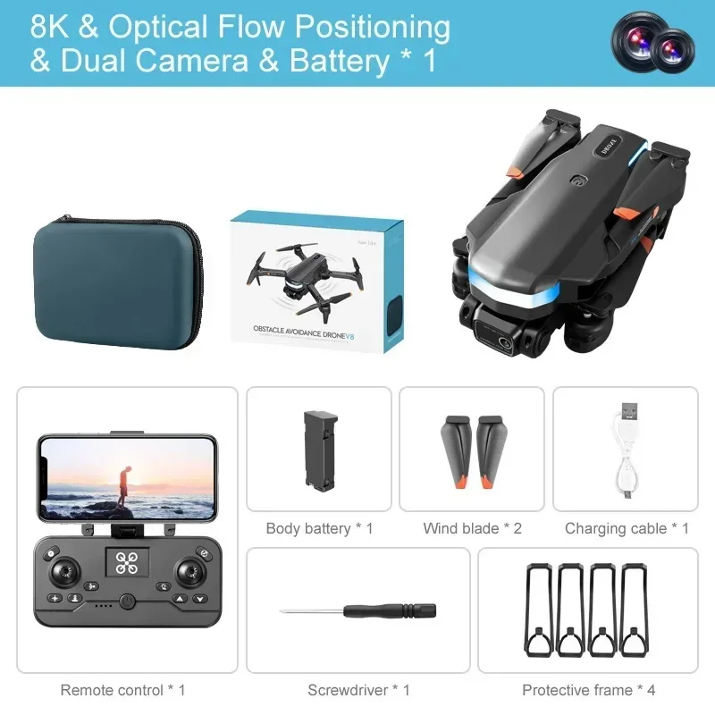 V8 전문 드론 미니 8K HD 카메라 3면 장애물 회피 광학 흐름 포지셔닝 드론 Quadcopter 원격 Cont Toys
