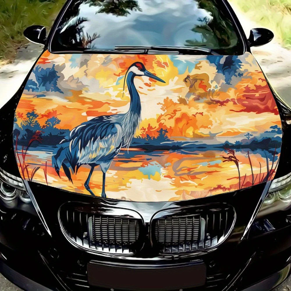 Autocollants pour capot de voiture à impression de grue contemplatrice au coucher du soleil, auto-adhésifs imperméables, résistants aux rayures, faciles à coller, PVC de voiture durable