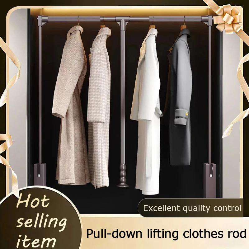 Pull Down Retractable Telescopic Clothes Hanging Rod With Smooth Buffer Drop And Lift System For Wardrobe Closet Home Use