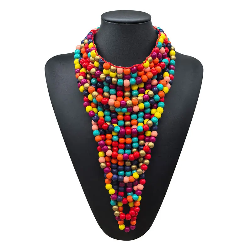 Handmade African Wooden Bead Necklace Women's New Colorful Tassel Collar U-Shape round Bead Multi-Layer Ethnic Style Necklace