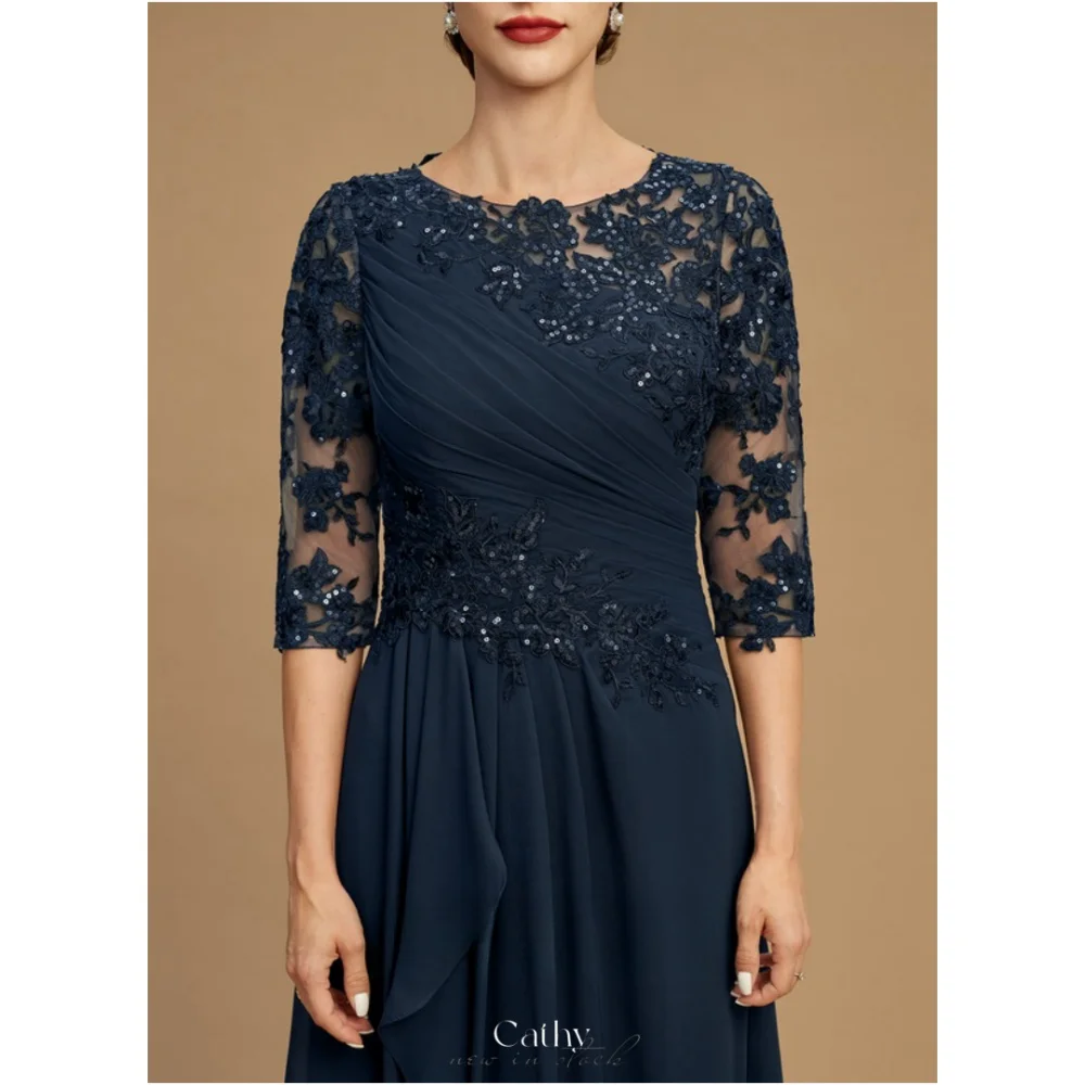 

Cathy Navy Blue Flowers Embroidery Wedding Dresses Chiffon O-Neck vestidos de noche A-line Prom Customized Formal Evening 2024