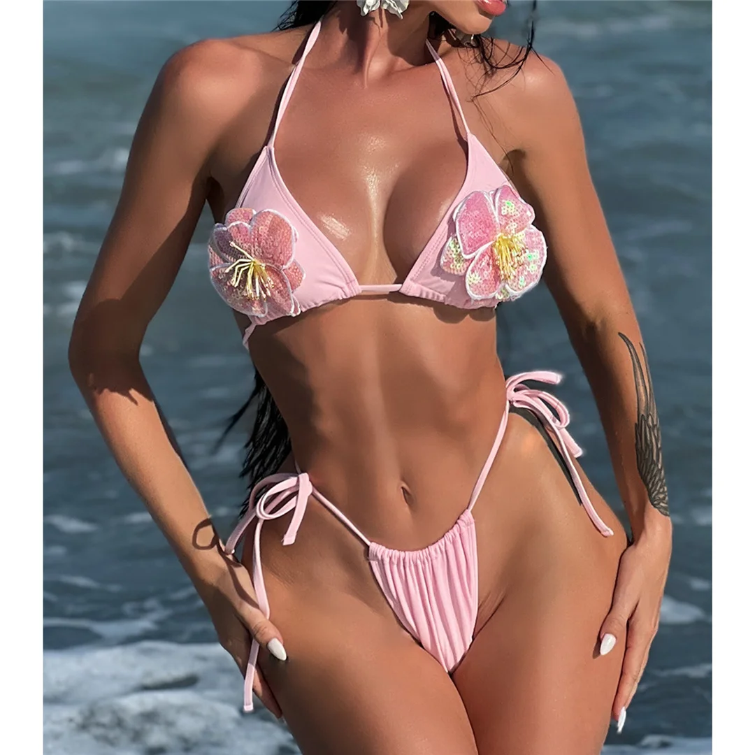 3D-Blumen-Neckholder-Bikini mit hohem Beinausschnitt, Damen-Badeanzug, zweiteiliges Bikini-Set, Badebekleidung, Badeanzug, Schwimmbekleidung V6962 – Detail 6