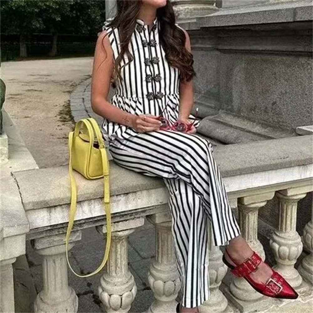 Taop&Za 2024 Summer New Product Women\'s Fashion Style Slimming Round Neck Sleeveless Striped Printed Top High Waist Pants Set