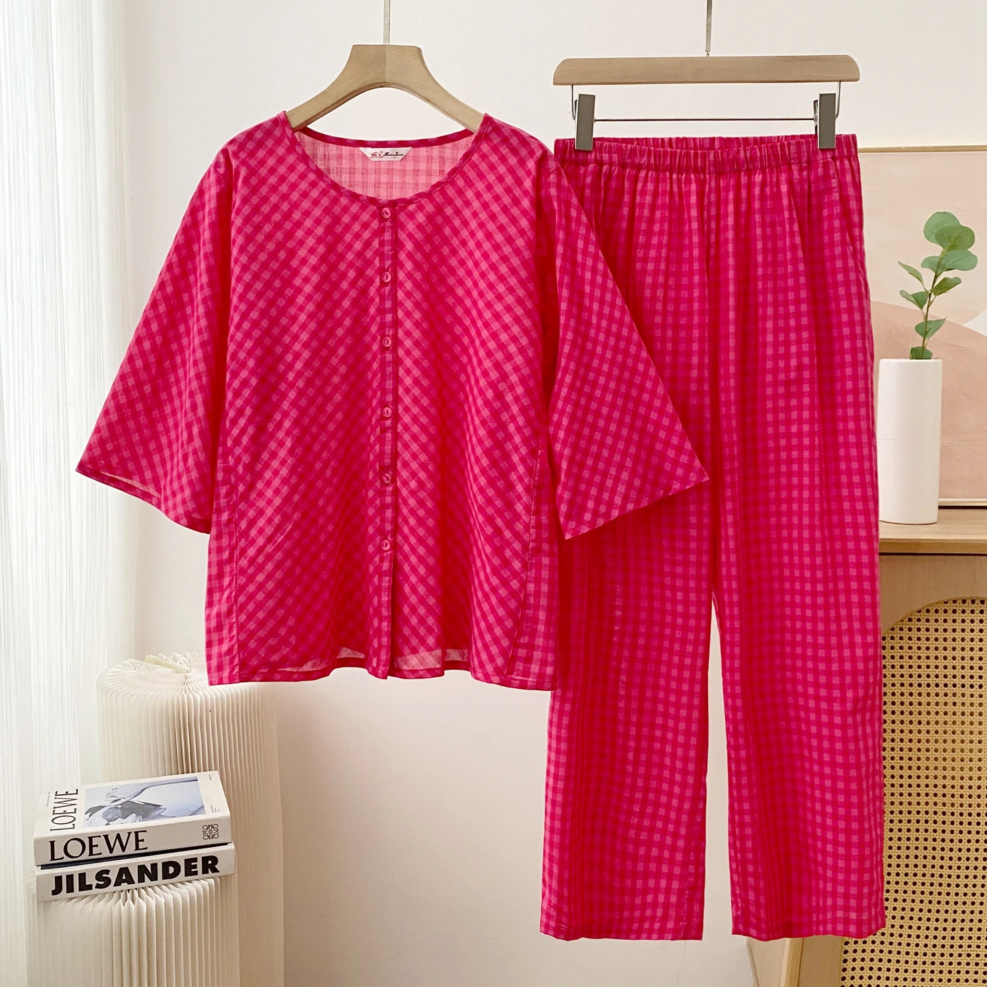 Comfortable Pure Cotton Plaid Sleepwear Short Sleeve Eighteen Pants Spring Summer New Style Women's Home Clothes Michael Jiang