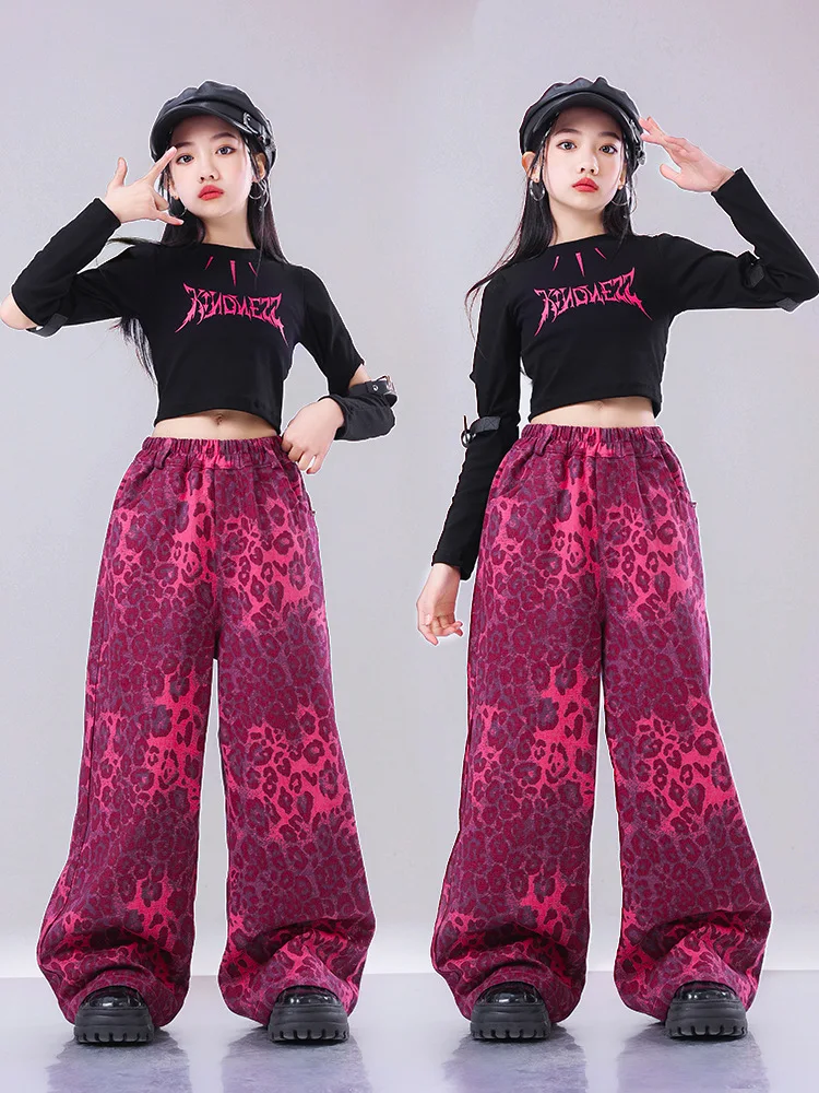 Jazz Modern Dance Costume For Girls Rose Red Leopard Print Coat Hiphop Pants Outfits Group Hip Hop Stage Clothes