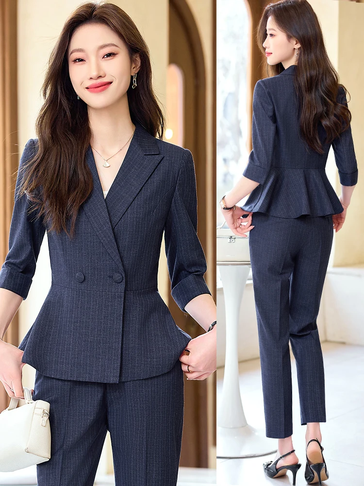

Blue Striped Suit Set Women's Professional Formal Workwear Front Desk Jewelry Store Uniform Summer Outfit Slim Fit Commute Style