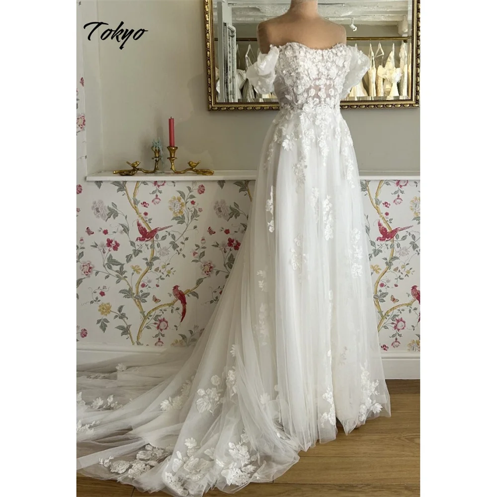 Tokyo Customized White Off Shoulder Wedding Dresses Short Sleeves A-Line Back Zip Bridal Gown Tulle Court Train Wedding Gown