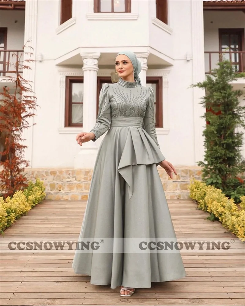 Satin Appliques Beaded Muslim Evening Dresses Long Sleeve Islamic Formal Party Gowns High Neck Women Arabic Robes De Soirée