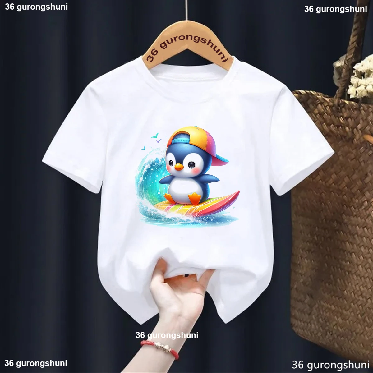 

Kawaii Penguin Pattern Print Kids T-Shirt Summer Fashion Short Sleeves Clothes Cute Boys/ Girls White T Shirt Tops Wholesale