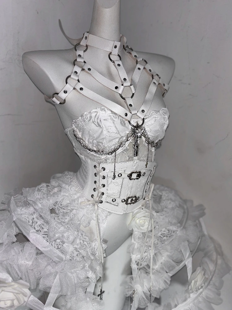 Original lourd fabrication gothique blanc pansement arête de poisson mince bustier tubulaire ceintures gaine perle perles cage à oiseaux bas vêtements ensemble