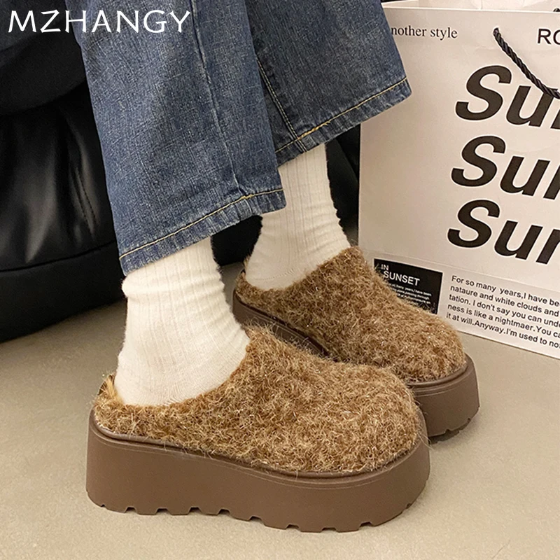 Women Fur Slingback Cotton Slippers Platform Flats Shoes Woman 2025 Trend Winter Designer Cozy Short Plush Warm Snow Boots Mujer