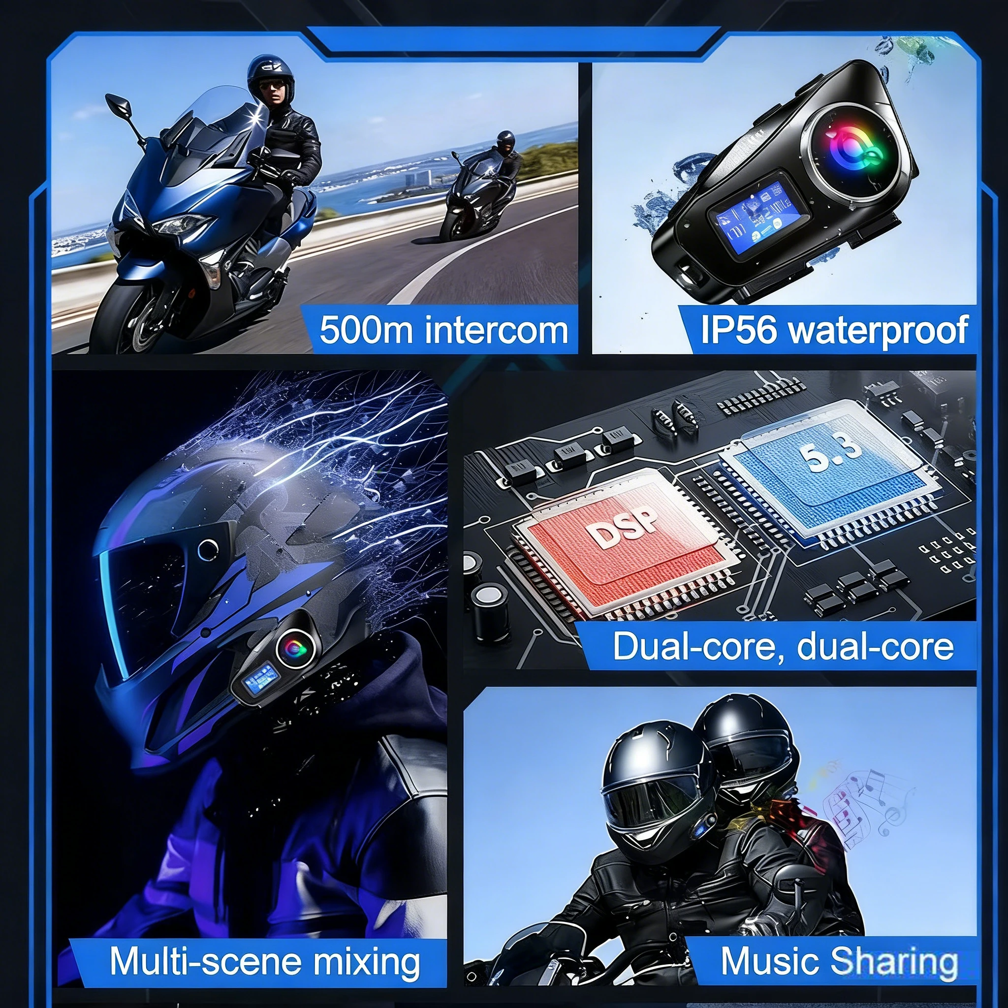 IP65 Waterproof Motorcycle Helmet Bluetooth Headset Q58 Intercom Built-in LCD FM Radio Walkie Talkie Wireless Moto Earphone