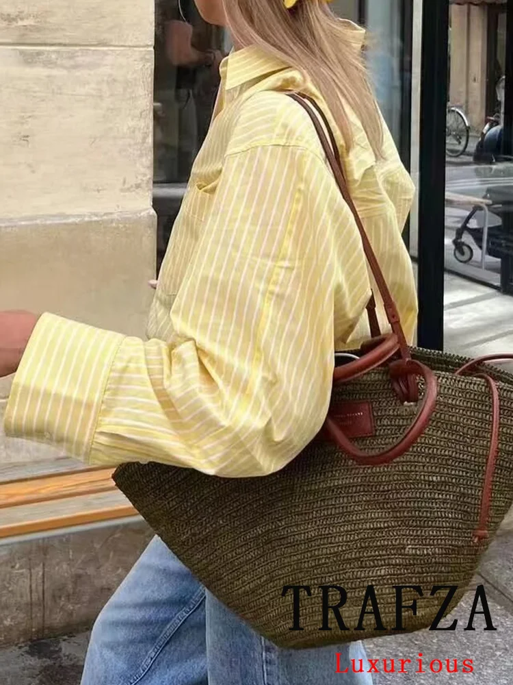 TRAFZA Vintage Chic Striped Women Shirts Turn-down Collar Single Breasted Loose Blouse Fashion 2024 Summer Elegant Shirts Tops