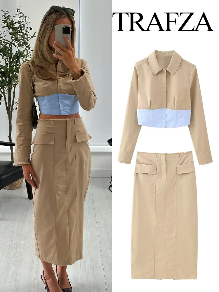 

TRAFZA Women 2 Piece Set Lapel Long Sleeve Single-Breasted Splicing Decorate Short Shirt+Elegant High Waist Hem Slit Long Skirts