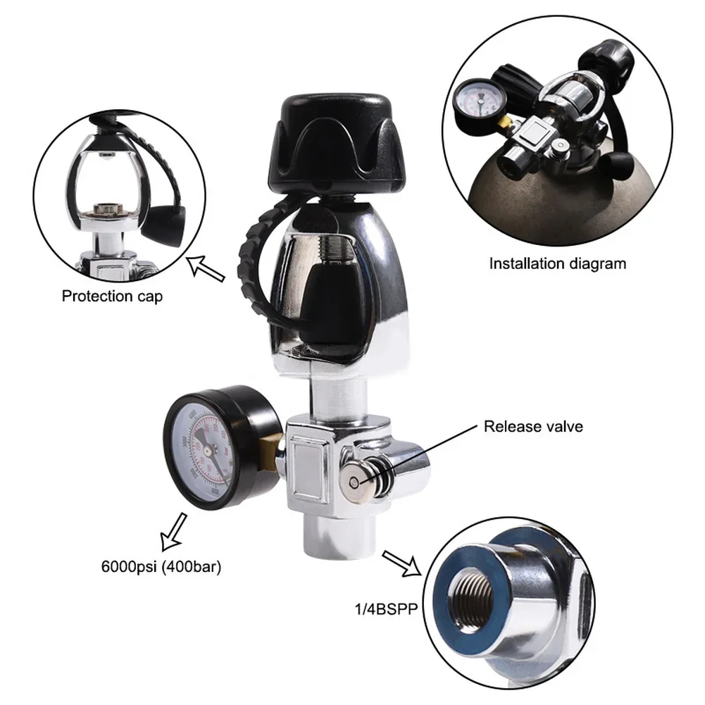 G5/8 Oxygen Tank Test Valve Adapter with 6000 PSI Gauge Interface for Non-Regulating Static Pressure Measurement