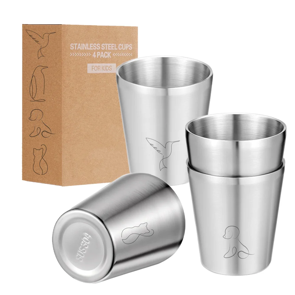 4 Pack Stainless Steel Cups 300ml 10 oz Double Wall Metal Glasses Reusable Water Cup Camping Mug for Party Home Outdoor Cute Mug