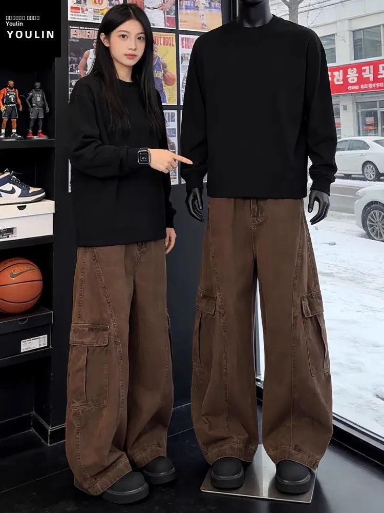 

Men's Workwear Fleece Lined Cargo Jeans Coffee Color Wide Leg Straight Cut Pants American Style Casual Trousers