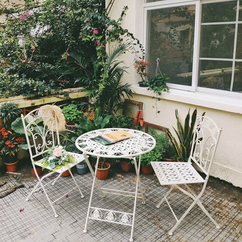 Folding Outdoor Garden Chairs Balcony Iron Table and Chair Nordic Patio Furniture Hollowed Out Pattern Lounge Table and Chairs image 3