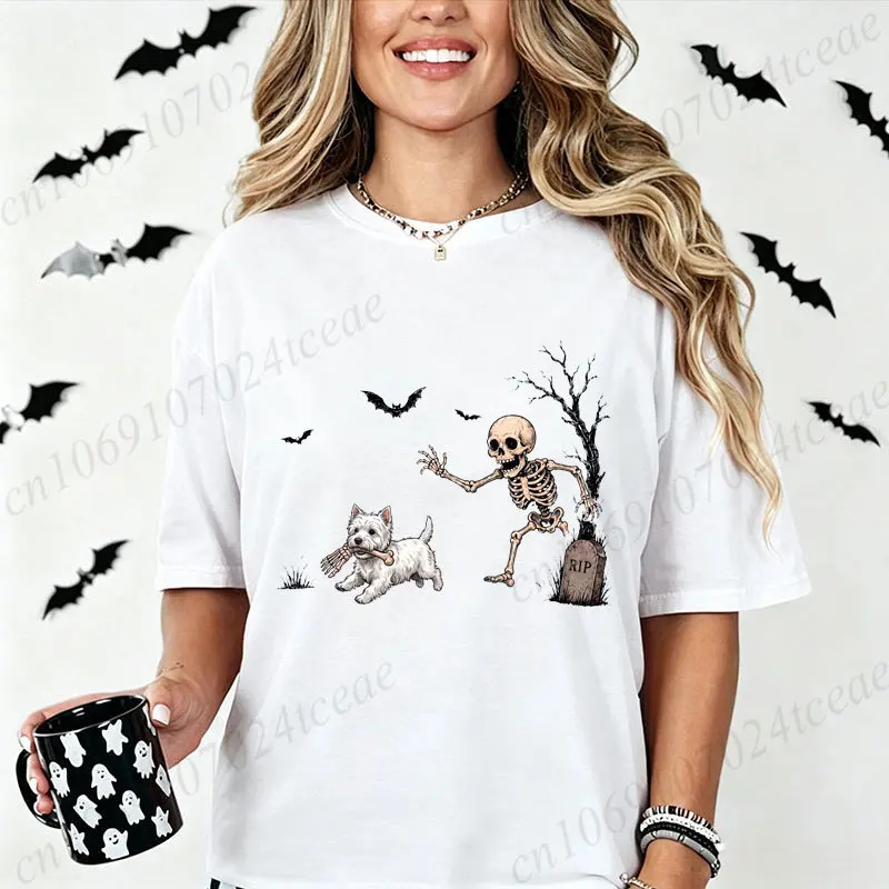 Westie Halloween Shirt,Funny Skeleton Dog Tees,Spooky Dog Lover T-Shirts Gift Men Women,Halloween Spooky Season T-Shirt