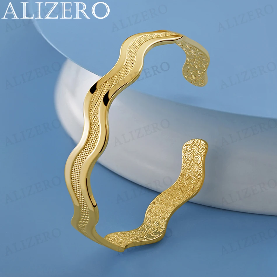 

ALIZERO 18K Gold Frosted Wave Bangles Bracelets For Women Wedding Engagement Party Charms Fashion Jewelry Birthday Gifts