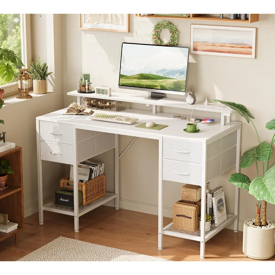 مكتب كمبيوتر مقاس 47 بوصة مع 4 أدراج وأضواء LED، منافذ طاقة مدمجة للمكتب المنزلي أو غرفة النوم، مساحة تخزين كبيرة مثالية #3