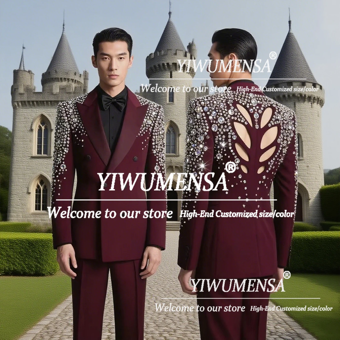 

.Latest Crystals Beaded Stones Wedding Suits For Men Slim Fit Double Breasted Jacket Pants 2 Pieces Groom Tuxedos costume homme