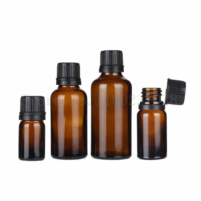 12pcs/Lot 5 10 15 20 30 50 100mL Empty Brown Amber Boston Round Glass Essential Oil Bottle Orifice Reducer Tamper Evident Cap