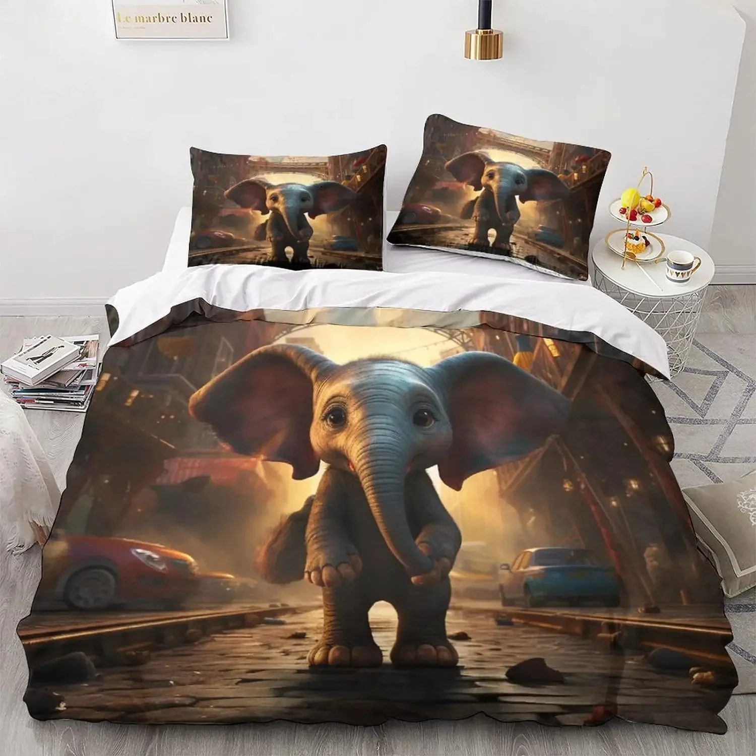 Dumbo Flying Baby Elephant Bedding Set Stars Moon Kids Girls Cartoon Duvet Cover Set Bedclothes Gift Twin Full Queen King