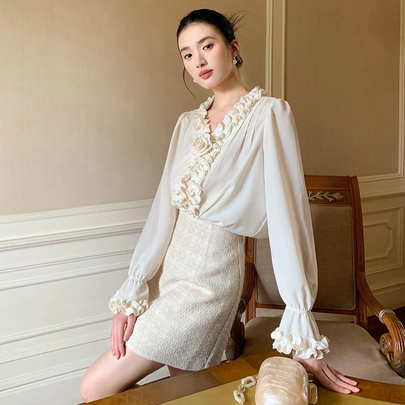 

3D Floral Ruffle Women Shirt French Elegant Flare Long Sleeve V Neck Fashion Blouse Aesthetic Loose Casual Office Lady Chic Tops