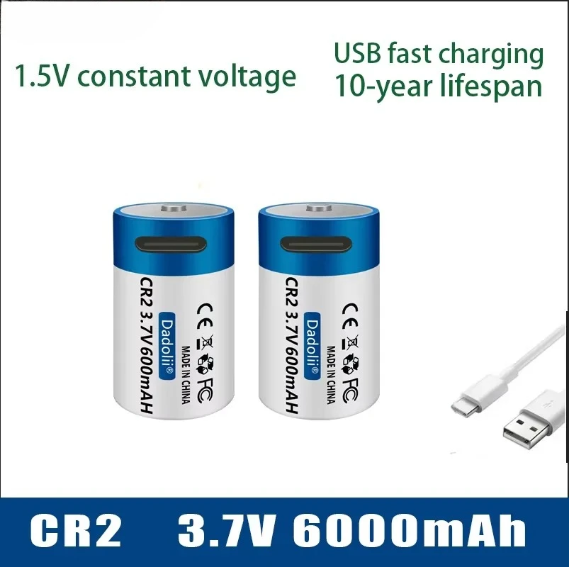 

USB-аккумулятор CR2 с быстрой зарядкой, 3,7 В, 6000 мАч, литиевая батарея для камер системы безопасности GPS, камер медицинского оборудования