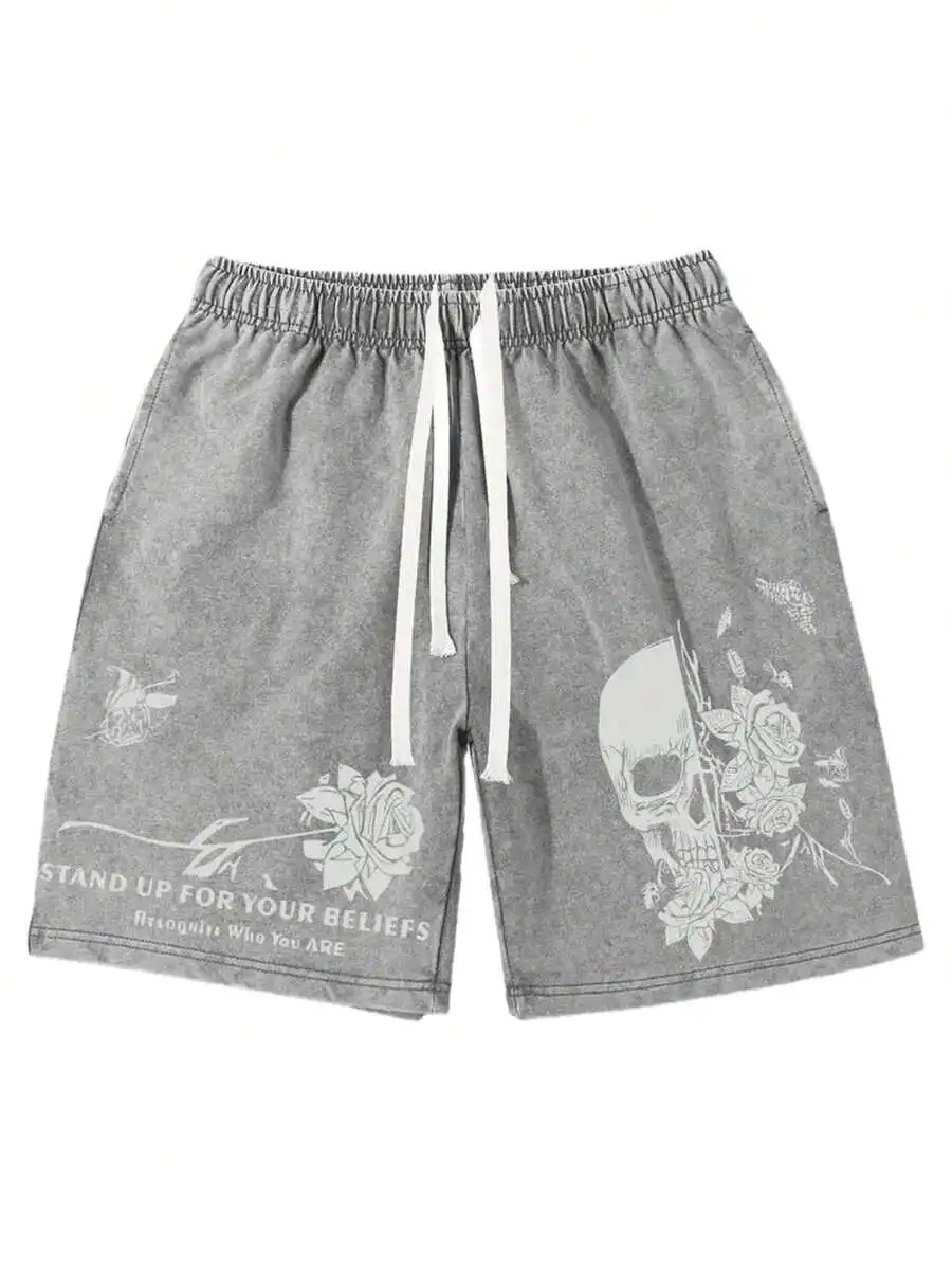Mens Washed Cotton Skull And Rose Print Loose Shorts With Drawstring Waist