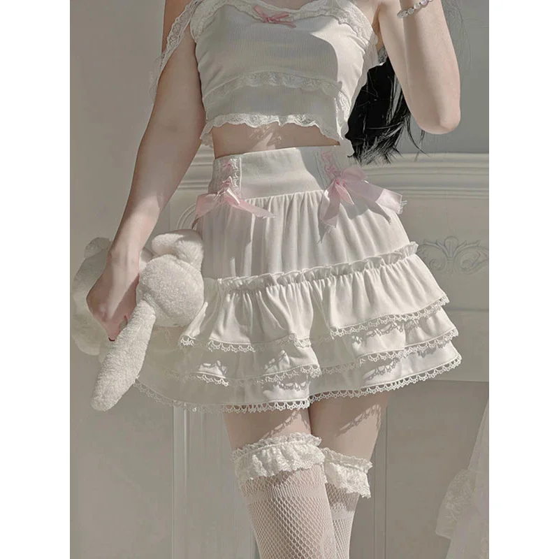 

Summer Japanese White Lolita Cute Skirt Women Lace Bow Korean Kawaii Sweet Skirt High Waist Elegant Princess Fairy Skirts 2023
