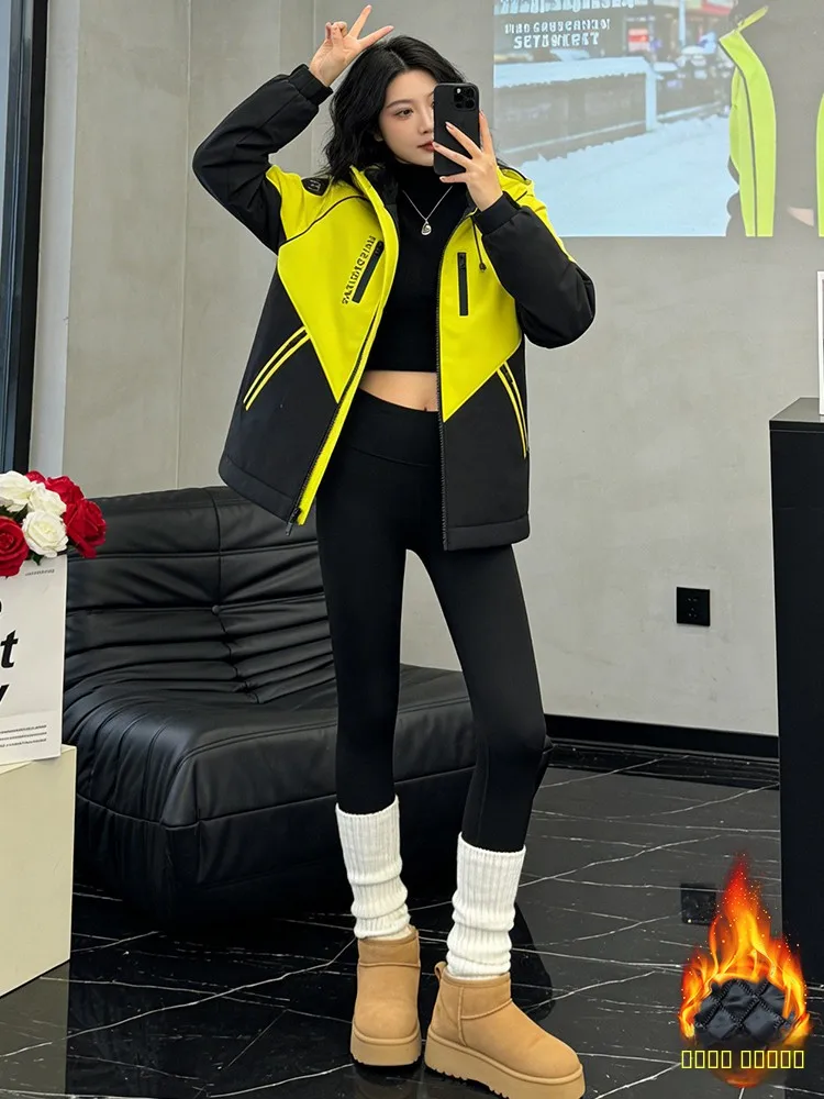 Modna kurtka z kapturem, bawełniana, z efektem kolorowego blokowania, damska, zimowa, codzienna, na co dzień, do dojazdów do pracy, ciepła, zapinana na zamek.