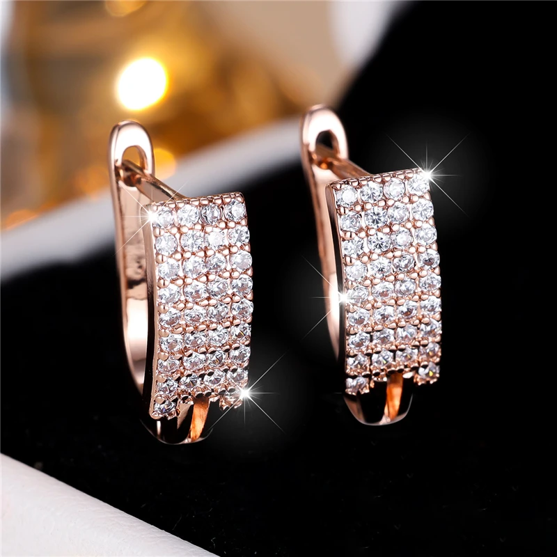 Cute Small White Round Zircon Stone Hoop Earrings For Women Charm Female Rose Gold Color Wedding Jewelry Gift