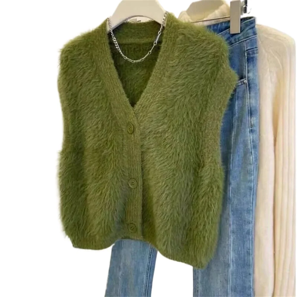 Autumn Winter Soft Warm Color V-neck Sweater Vest Women Outdoor Korean Loose Cardigans Sleeveless Knitted All-match Coat