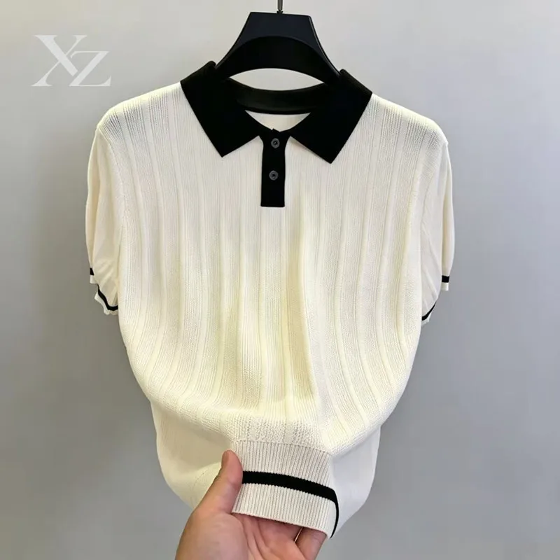 Opening Sale |Men's Color Block Knit Polo Shirt Short Sleeve Ribbed Breathable Ice Silk Casual Business Top