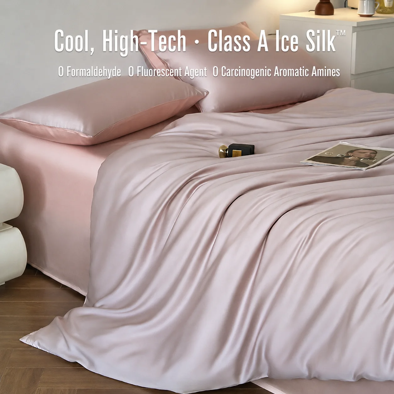 4Pcs Cooling Ice Silk Bedding Set, Summer Silky Breathable Flat Sheet Pillowcases for Hot Sleepers, Double Queen King