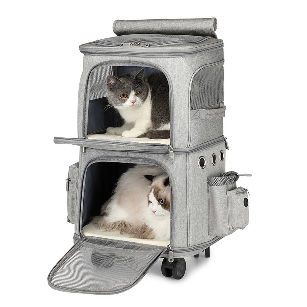 

Double-layer Pet Trolley for 2 Cats Dog Carrier Cat Carrying Outdoor Bag Portable Basket Case Foldable Backpack Luggage Travel