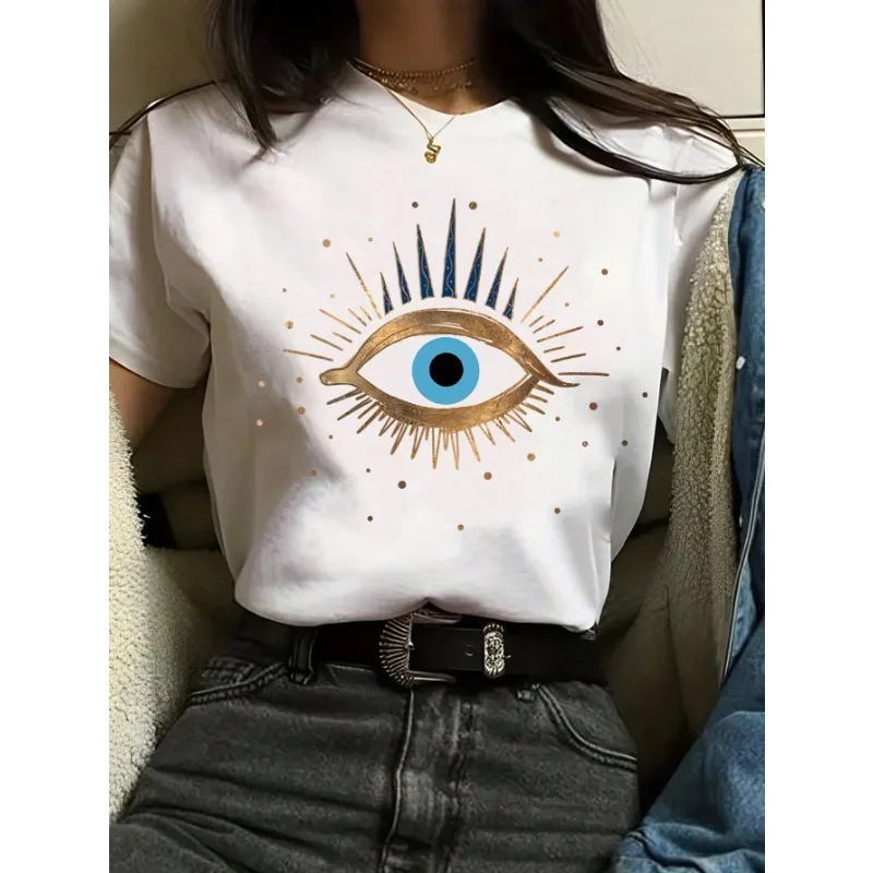 

2025 New Women's Eye Print Fashion Casual T-shirt Large Size Trendy Harajuku Short Sleeve Street T-shirt Round Neck Y2K Top
