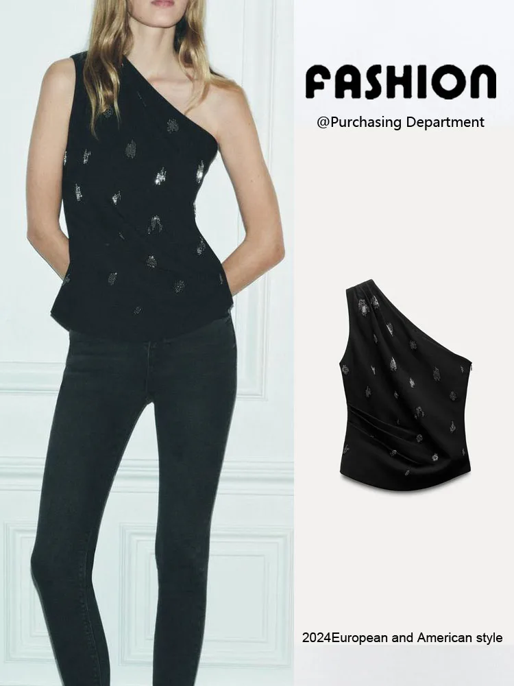 

New Women's Asymmetric oulder Bared ort Top Beaded Decorated Faion Commute Sle Single Piece Regular Length Svel